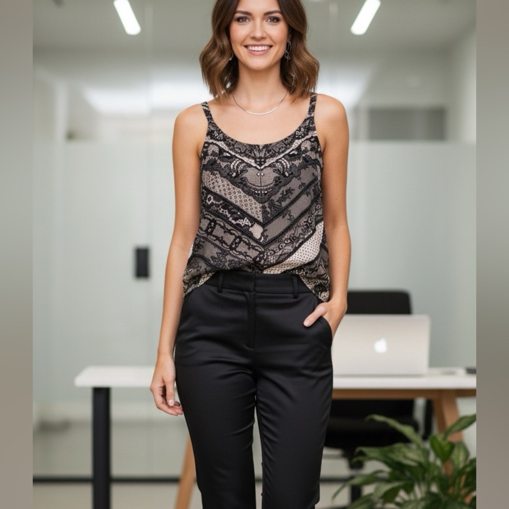 Cabi Black Tan Lace Print Chevron Camisole Top XS Office Career Minimalist